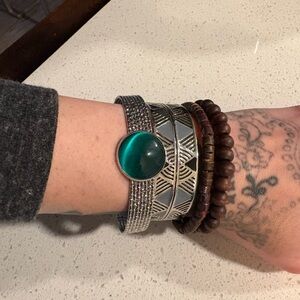 Vintage winter boho Silver and Green Statement Bracelet Set